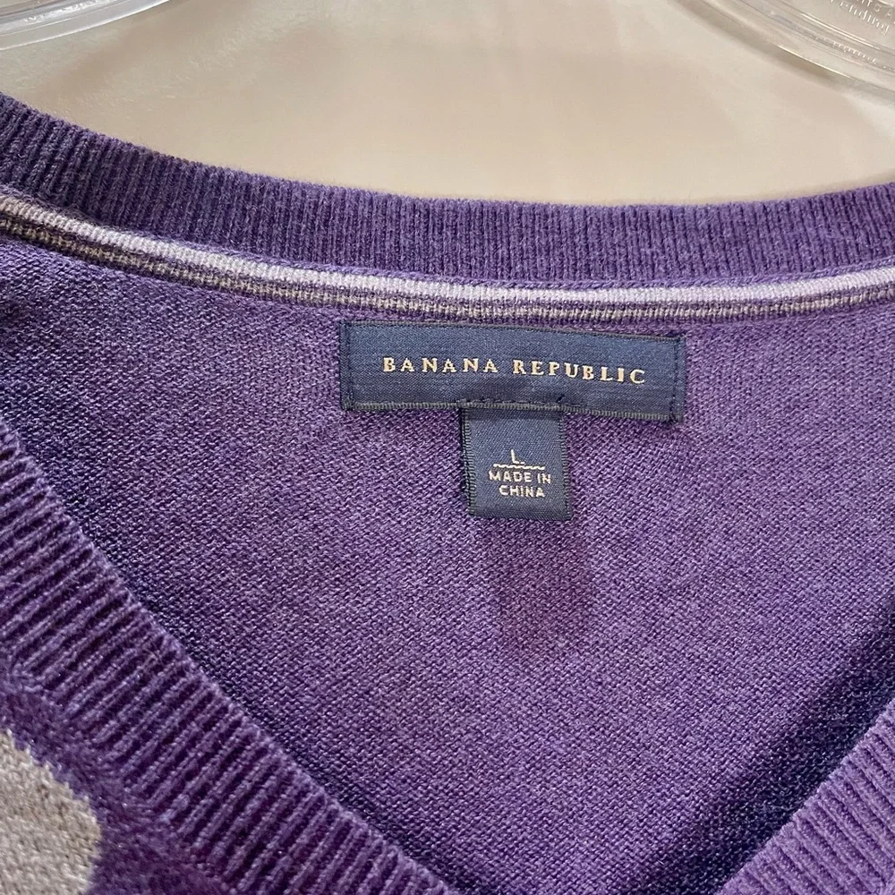 Banana Republic Sweater Purple Silk & Cashmere Blend Argyle V-Neck Size L